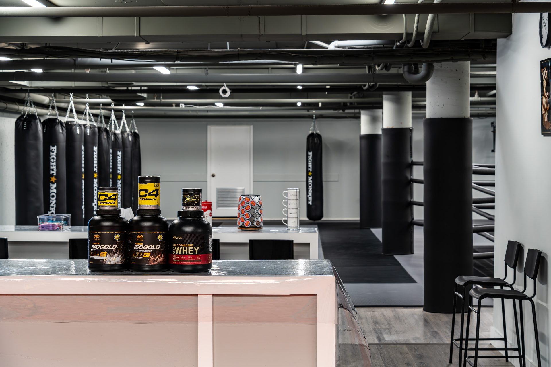 Heavy bag wall viewed from the supplement and coffee counter