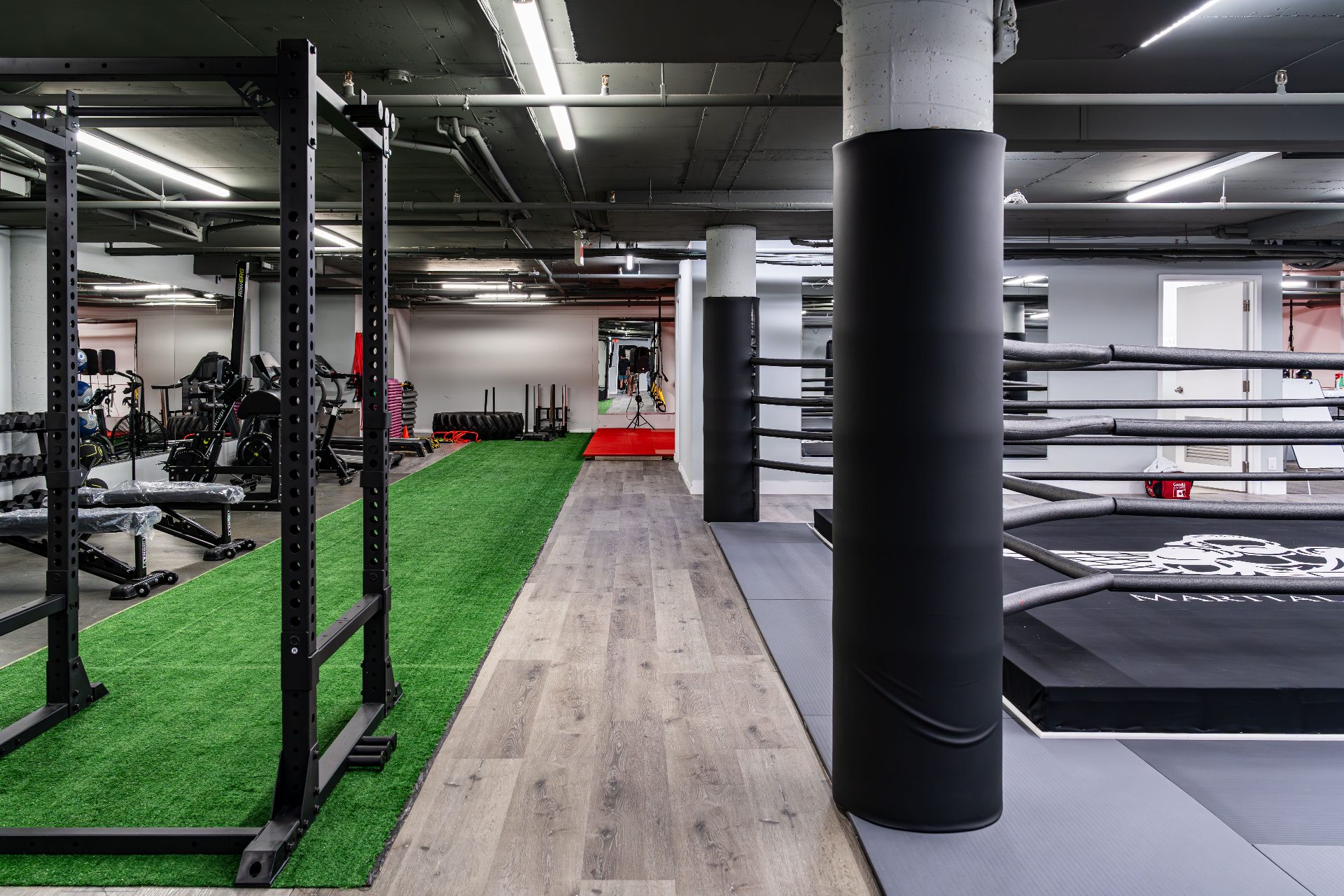 Training floor with turf strip, racks and boxing ring