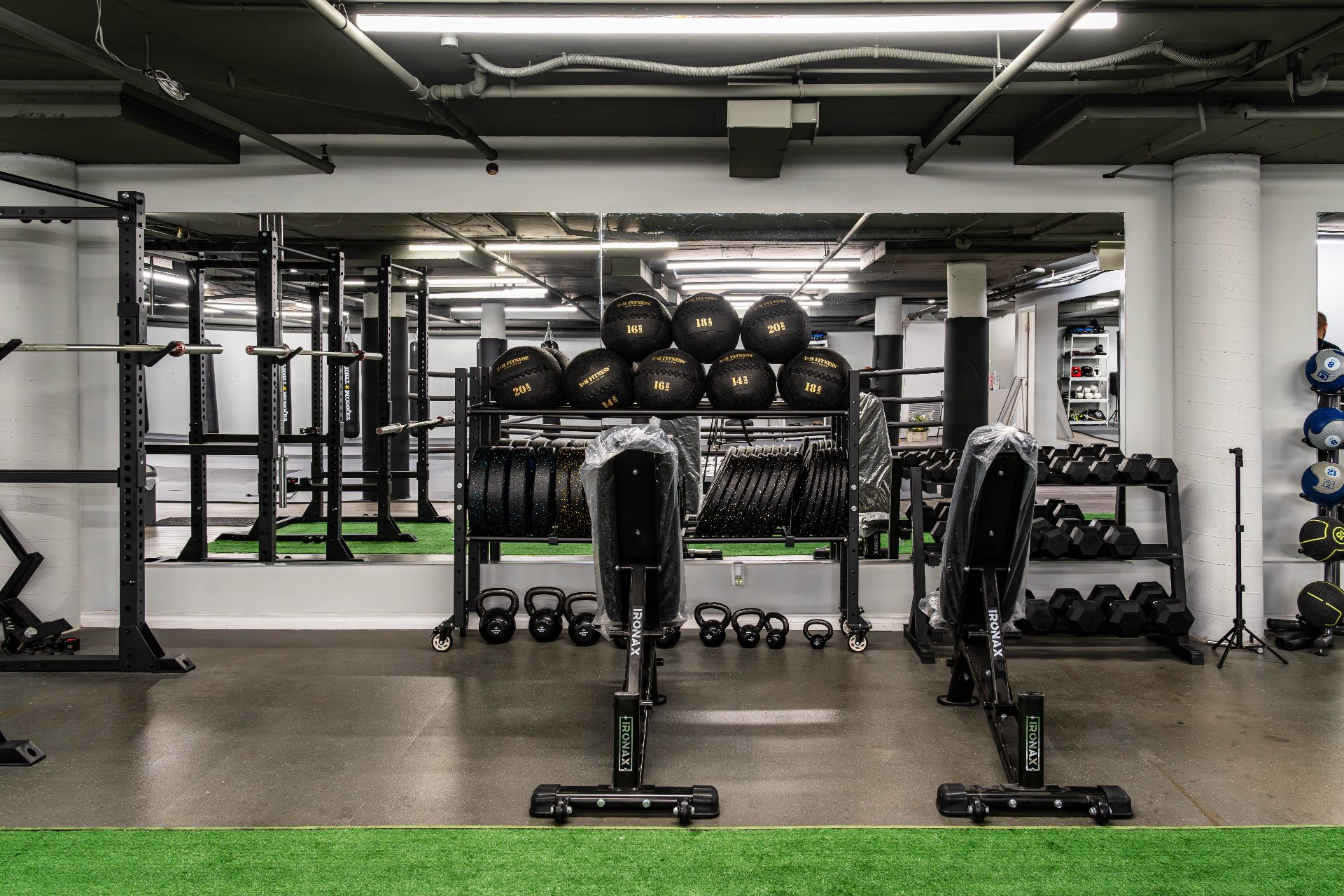 Strength and conditioning floor with racks, dumbbells and medicine balls