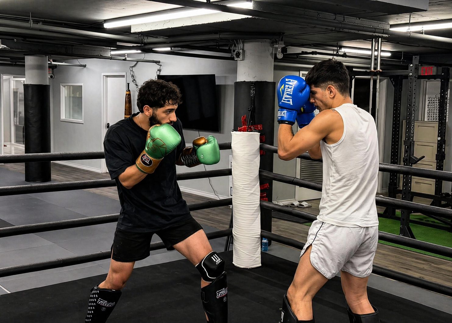 Two Muay Thai athletes facing off in stance during sparring